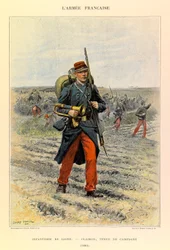 Typen und Uniformen der französischen Armee von Kapitän Jules Richard, illustriert von Edouard Detaille: Linieninfanterie; Clairon in Feldkleidung 1885, Privatbesitz