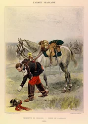 Typen und Uniformen der französischen Armee von Hauptmann Jules Richard, illustriert von Edouard Detaille: Dragoner-Trompeter in Landestracht, 1885