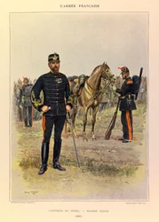 Typen und Uniformen der französischen Armee von Hauptmann Jules Richard, illustriert von Edouard Detaille (1848-1912): Hauptmann des Genie in großer Uniform im Jahr 1887, Privatsammlung