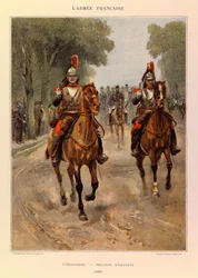 Typen und Uniformen der französischen Armee von Hauptmann Jules Richard, illustriert von Edouard Detaille: Kürassiere; Eskortzug 1885