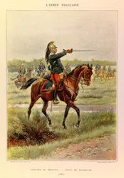 Typen und Uniformen der französischen Armee von Hauptmann Jules Richard, illustriert von Edouard Detaille (1848-1912): Offizier der Dragoner in Manöveranzug im Jahr 1885, Privatbesitz