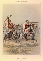 Typen und Uniformen der französischen Armee von Hauptmann Jules Richard, illustriert von Edouard Detaille (1848-1912): Spahis à la Fantasia im Jahr 1886, Privatbesitz