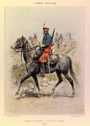 Typen und Uniformen der französischen Armee von Hauptmann Jules Richard, illustriert von Edouard Detaille: Afrikanische Jäger in Landestracht, 1886