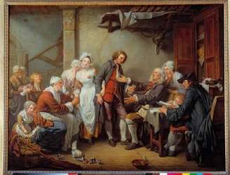Das Dorfabkommen. Der Vater der Braut übergibt die Mitgift an seinen Schwiegersohn. Gemälde von Jean Baptiste Greuze, 1761