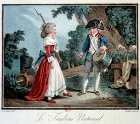 Französische Revolution: „Die Nationaltrommel“ Zwei kleine Kinder, als Revolutionäre verkleidet. Lithografie von Jean Baptiste Huet (1745-1811), 18. Jahrhundert, Paris, Musée des Arts décoratifs