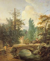 Bäuerin und ihr Esel überqueren eine Brücke, 1775