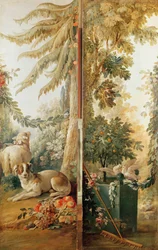 Salon des Druckers Gilles Demarteau, zwei Tafeln 1. Hund und Schaf 2. gepflanzter Orangenbaum mit pickenden Tauben