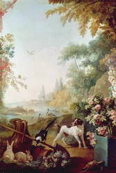 Zwei Kaninchen, eine Elster und ein Hund, aus dem Salon von Gilles Demarteau (1722-76)