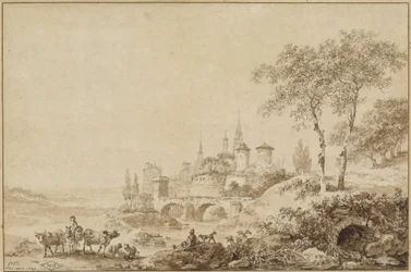 Hirten in einer Landschaft vor einer befestigten Stadt
