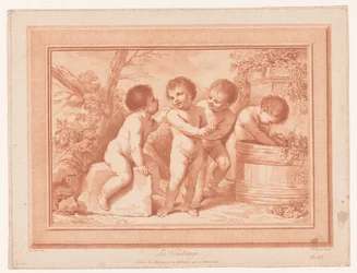 Vier Putti bei einem Weinfass