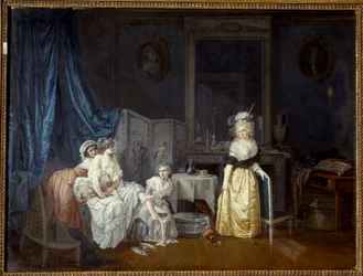 Die Toilette: Eine junge Frau wird von ihren Dienerinnen beim Baden unterstützt. Gemälde von Jean Baptiste Mallet