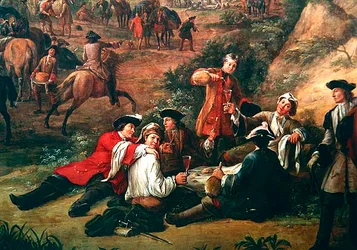 Gruppe von Soldaten beim Trinken, Detail der Ansicht des Hauptquartiers des Prinzen von Conti zwischen San Sebastian und Hondarribia, Juni 1719