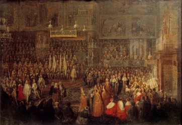 Krönung Ludwigs XV. (1710-1774) in der Kathedrale von Reims am 25/10/1722, 1735. Maße: 0,32 x 0,42 m