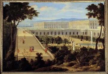 Ansicht der Orangerie, der Treppe der Hundert Stufen und des Schlosses von Versailles um 1695