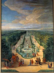 Ansicht des Hains der Galerie des Antiken in den Gärten von Versailles. Gemälde von Jean-Baptiste Martin (der Ältere) (1659-1735) um 1688