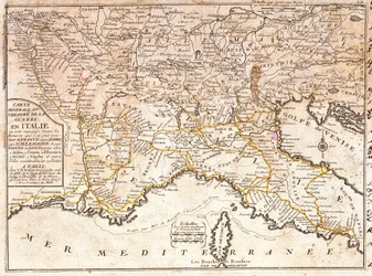 Karte der Straßen, die zu den wichtigsten italienischen Städten aus ganz Europa führen (Gravur)