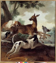 Von Hunden gejagter Hirsch. Jagdszene