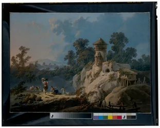 Weite Landschaft mit Hirten, die mit ihren Herden unter einem Turm rasten