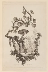 Figur mit Sonnenschirm unter einem Ast