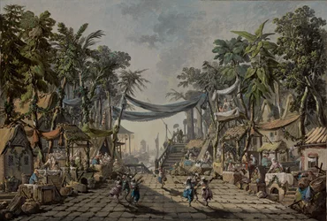 Marktszene in einem imaginären orientalischen Hafen