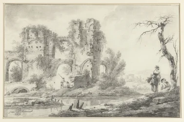Ruine an einem Fluss mit einem Jungen und einem Mädchen rechts