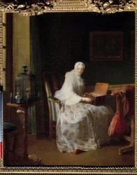 La serinette ou dame variant ses amusements (Gemälde von Jean Baptiste Simeon Chardin, 18. Jahrhundert)