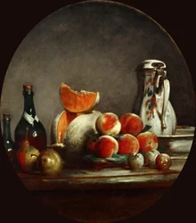 Melonen, Birnen, Pfirsiche und Pflaumen, oder Die geschnittene Melone, 1760