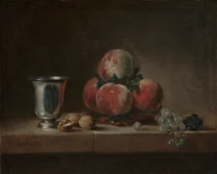 Stillleben mit Pfirsichen, einem Silberkelch, Trauben und Walnüssen, ca. 1759-60
