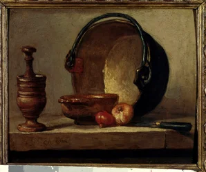 Das Kupferkessel-Stillleben mit Mörser und Zwiebeln