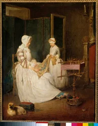 Die arbeitende Mutter, eine Mutter, die von ihrer Tochter beim Sticken und Verwenden eines Käseschneiders unterstützt wird
