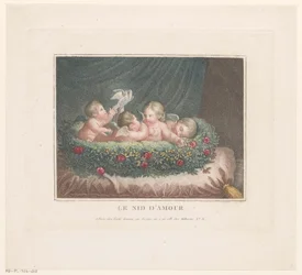 Vier Putti mit zwei Tauben in einem Rosenkörbchen auf einem Kissen