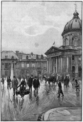 Pariser Szene im 19. Jahrhundert: das linke Ufer mit dem Institut de France. Gravur von Florian nach einem Gemälde von Béraud. Spätes 19. Jahrhundert. In „Die Hauptstädte der Welt: Paris“.