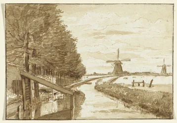 Landschaft mit einem Kanal und zwei Mühlen