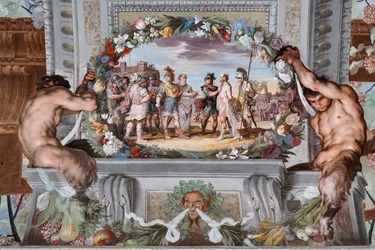 Acete, von zwei Soldaten gefangen gehalten, erzählt Pentheus und seinen Kriegern die Taten des Bacchus