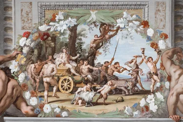 Der Triumphwagen des Bacchus, gezogen von Panthern und begleitet von Sileni und Bacchantinnen