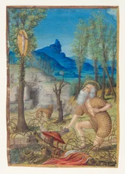 Der heilige Hieronymus als Büßer in der Einsiedelei, verso: Text der Antiphon an den heiligen Gregor