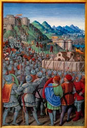 Die Genuesen griffen das Castellacio de Genes an, bewacht von den Franzosen (12. März 1507). Miniatur von Jean Bourdichon in 