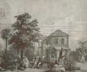 Familienzeit, Tapetenpaneel aus der Serie "Paul et Virginie", von Dufour & Cie, ca. 1823