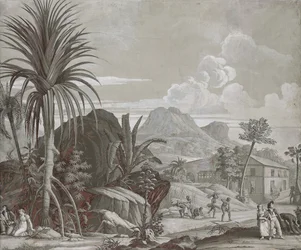 Aufbruch zu einem Spaziergang, Tapetenpaneel aus der Serie "Paul et Virginie", von Dufour & Cie, um 1823