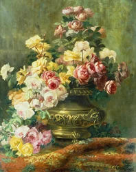 Ein opulentes Stillleben von Rosen in einer Messingurne