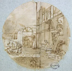 Die Werkstatt des Maurers, Tafelentwurf für ein Service mit Darstellungen verschiedener Berufe, ca. 1820-35