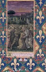 Ms. Lat. Q.v.I.126, fol. 100: Der Judaskuss, aus dem „Stundenbuch Ludwigs von Orléans“, 1469