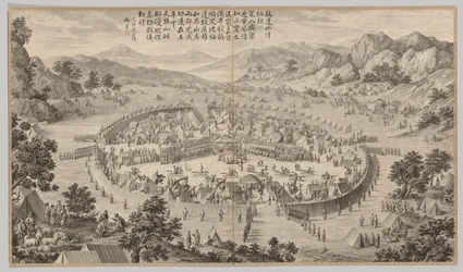Khan von Bada Shan präsentiert Tribut: aus Kampfszenen der Niederschlagung von Aufständen, ca. 1765-177