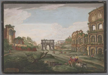 Ansicht der Ruinen des Konstantinsbogens und des Kolosseums in Rom