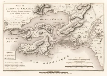 Plan du Combat de Salamine Pour le Voyage du Jeune Anacharsis (Plan der Schlacht von Salamis 480 v. Chr.) von Jean Denis Barbie du Bocage (1760-1825) aus Voyage du jeune Anacharsis en Grèce (Reisen des jungen Anacharsis in Griechenland)