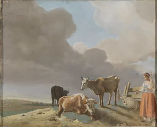 Landschaft mit Kühen, Schafen und Hirtin, geänderte Kopie nach einem Gemälde von Paulus Potter, die Hirtin kopiert von einem Gemälde von Karel Dujardin (recto); unvollendetes Porträt eines Mannes (verso)