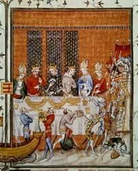 Bankett von König Karl V. von Frankreich im Palast der Cité zu Ehren von Kaiser Karl IV. und Wenzel IV., König von Böhmen. Miniatur aus „Große Chroniken von Frankreich“ von Jean Fouquet, Paris, B.N.