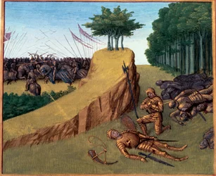 Schlacht von Roncesvalles (778). Roland starb in Roncevaux. Miniatur in „Grandes Chroniques de France“ (Folio 113) von Jean Fouquet (141.-147.) BN, Paris.