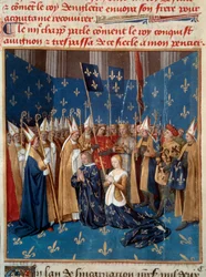 Krönung von Ludwig VIII. (1187-1226) und Blanche de Castille (1188-1252) in Reims im Jahr 1224. Miniatur aus dem Manuskript Les Grandes Chroniques de France von Jean Fouquet (1420-1481) 15. Jahrhundert. Paris, B.N.