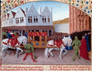 Einzug von Karl IV., deutscher Kaiser, 1378 in Saint-Denis. Miniatur aus „Große Chroniken von Frankreich“ (Folio 442). Illuminiert von Jean Fouquet